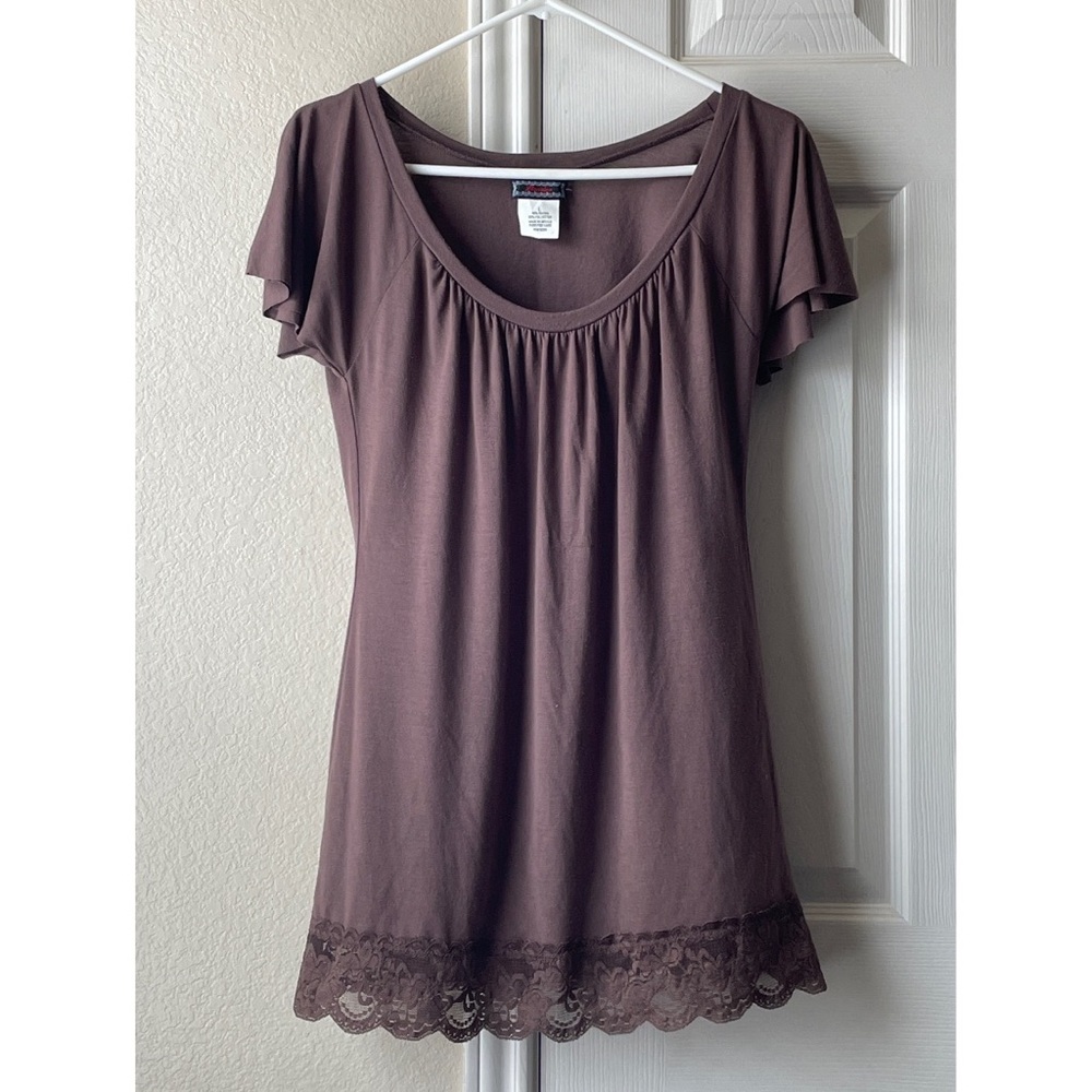 Licorice Vintage Y2K Lace Trim Shirt Dress - Brown